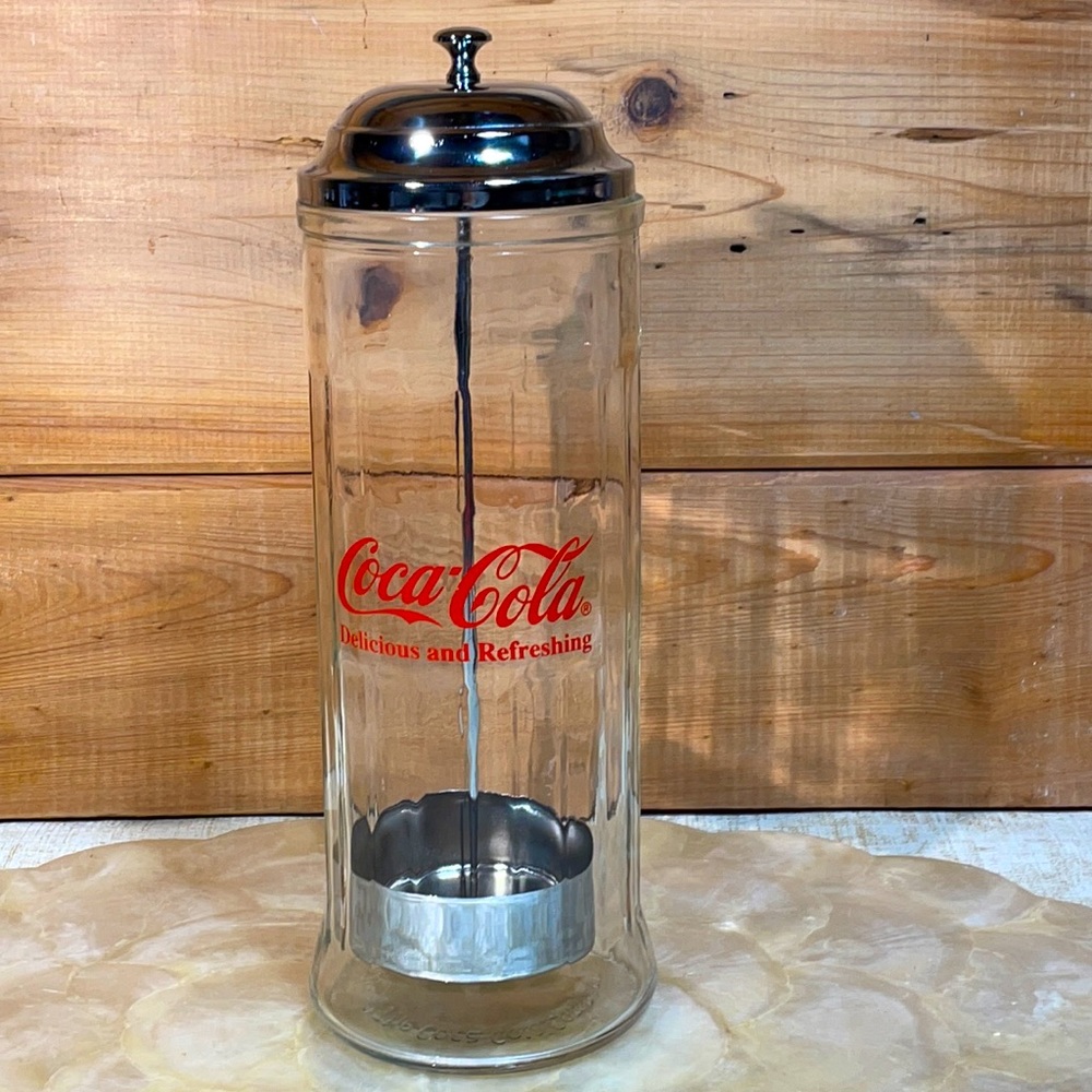 Vintage 1992 Glass and Stainless Steel Coca Cola Soda Foutain Straw Holder!